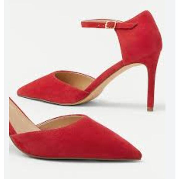 NWOB Ann Taylor Suede Ankle Strap Pumps Cherry Jubilee Red Heels 6 - Picture 1 of 6